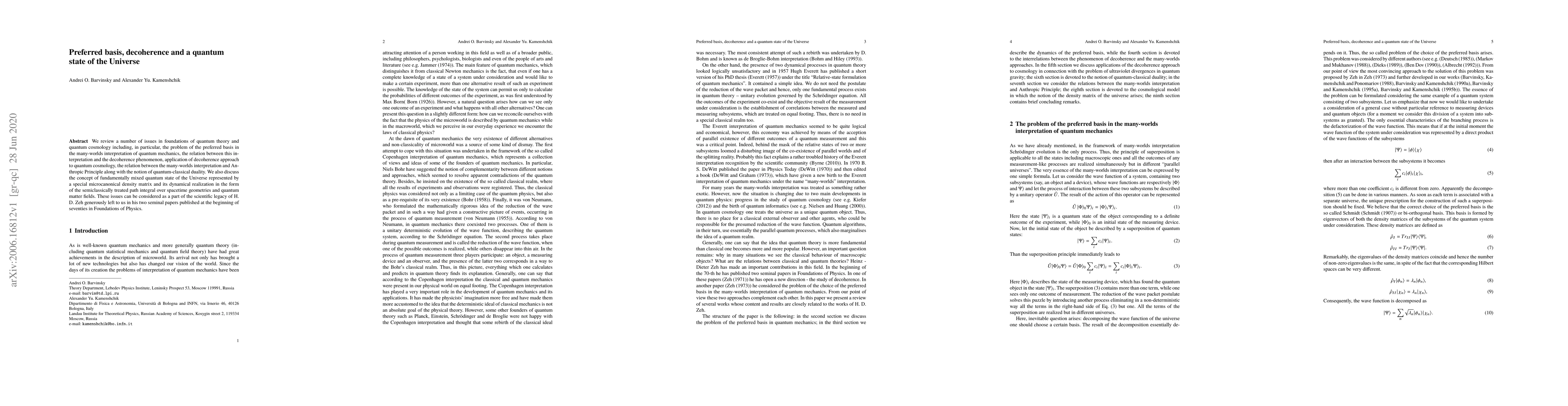 Thumbnail for Preferred basis, decoherence and a quantum state of the Universe