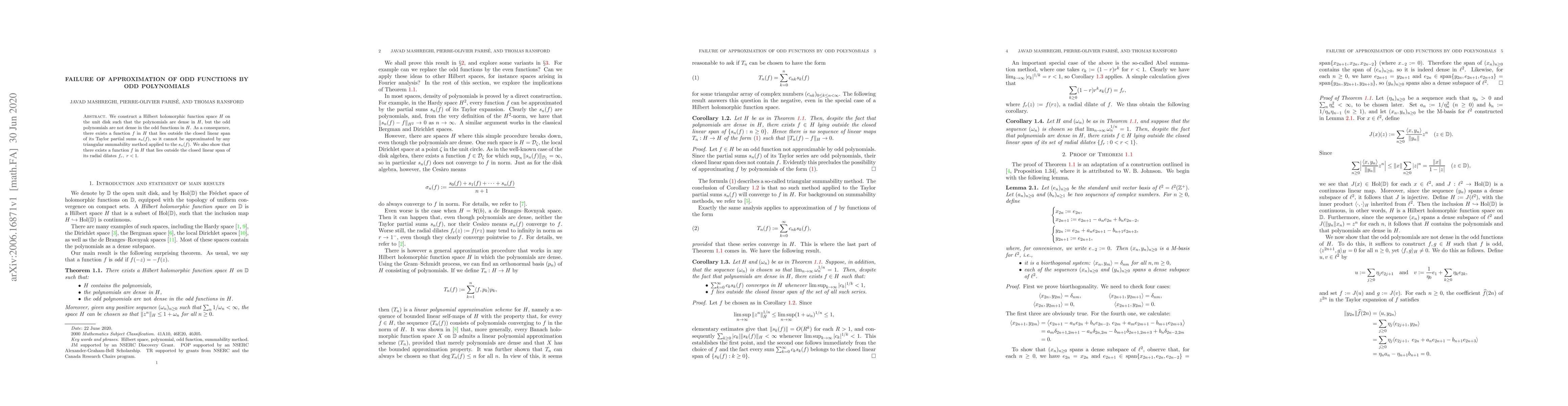 Thumbnail for Failure of Approximation of Odd Functions by Odd Polynomials