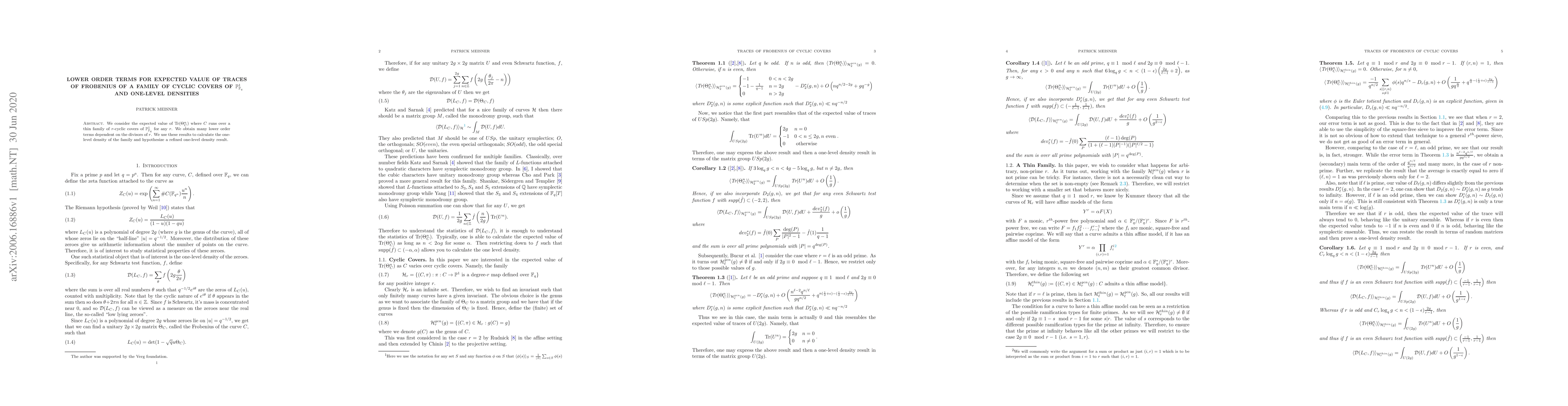 Thumbnail for Lower Order Terms for Expected Value of Traces of Frobenius of a Family
  of Cyclic Covers of $\mathbb{P}^1_{\mathbb{F}_q}$ and One-Level Densities