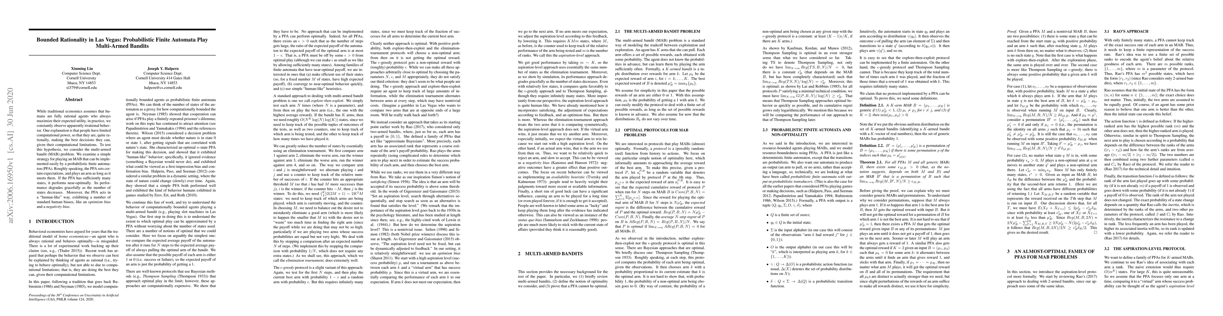 Thumbnail for Bounded Rationality in Las Vegas: Probabilistic Finite Automata
  PlayMulti-Armed Bandits