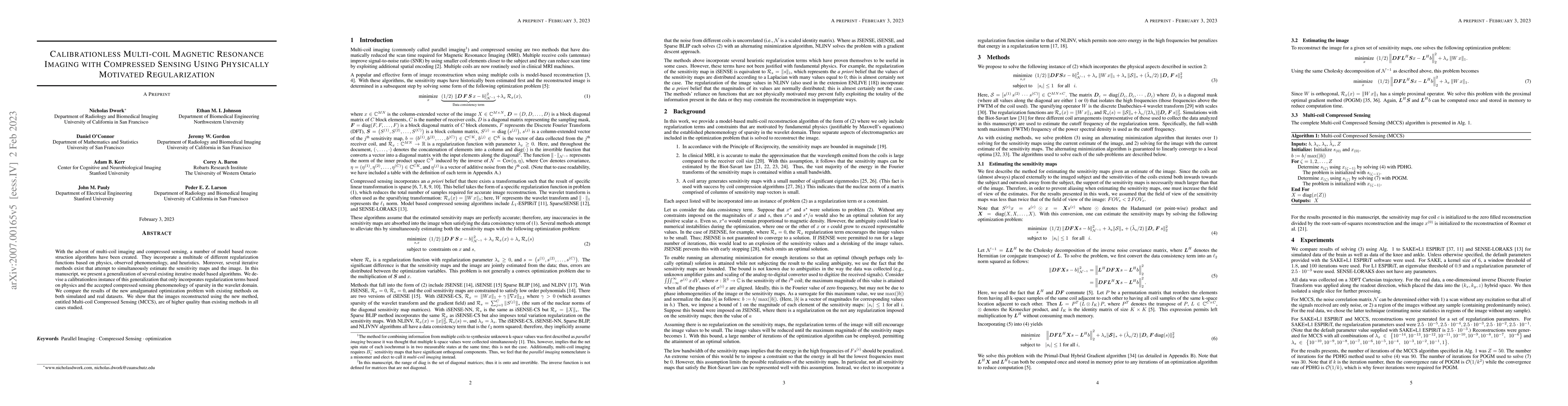 Thumbnail for Multi-coil Magnetic Resonance Imaging with Compressed Sensing Using
  Physically Motivated Regularization