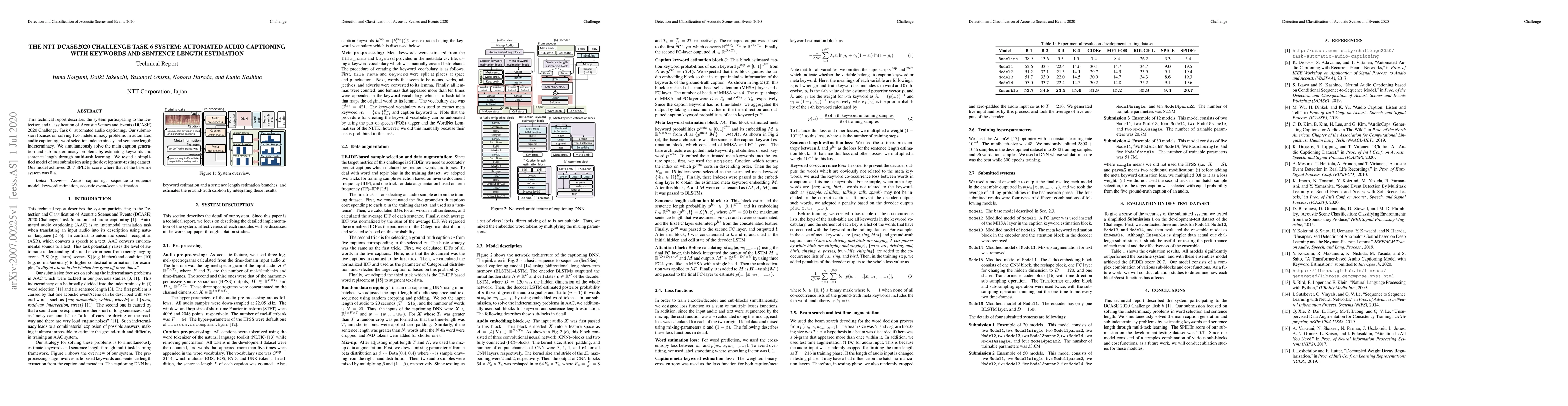 Thumbnail for The NTT DCASE2020 Challenge Task 6 system: Automated Audio Captioning
  with Keywords and Sentence Length Estimation