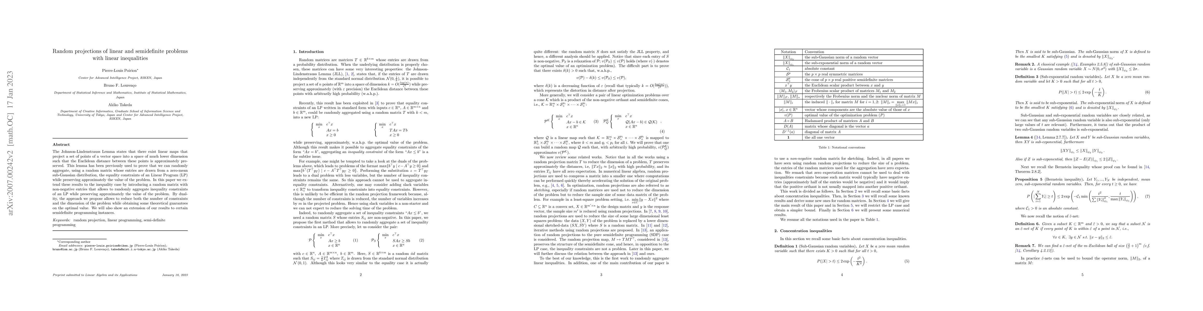 Thumbnail for Random projection of Linear and Semidefinite problem with linear
  inequalities