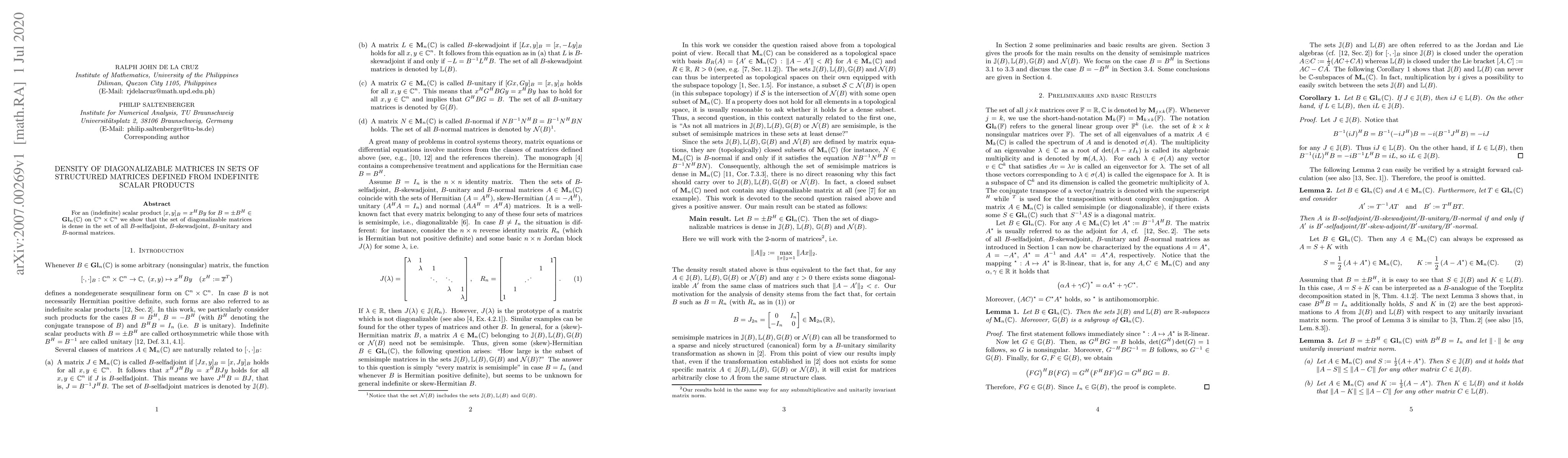 Thumbnail for Density of diagonalizable matrices in sets of structured matrices
  defined from indefinite scalar products