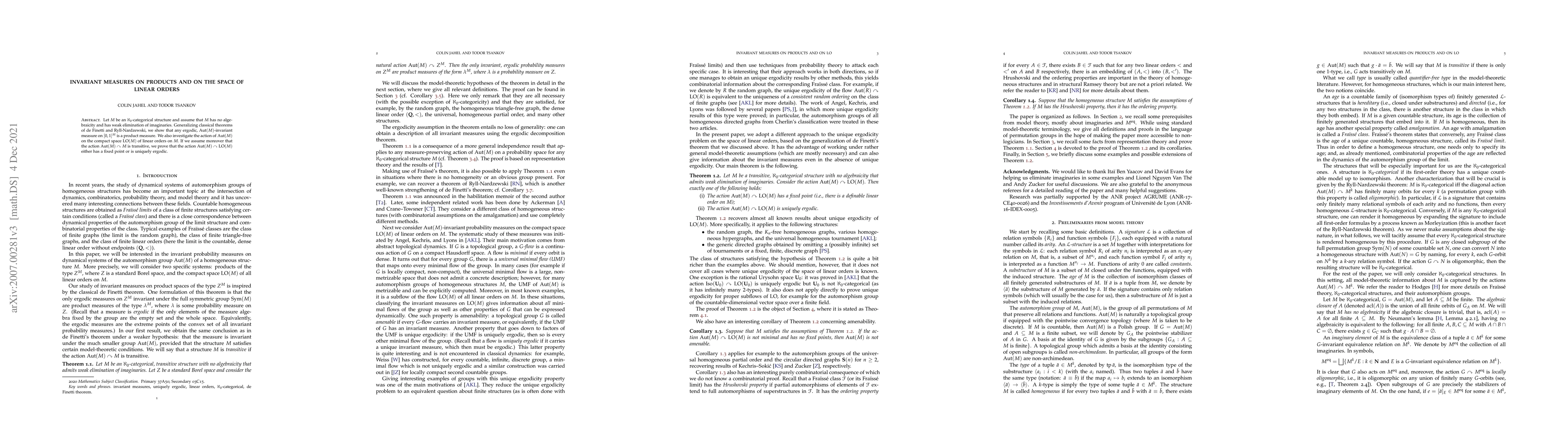 Thumbnail for Invariant measures on products and on the space of linear orders