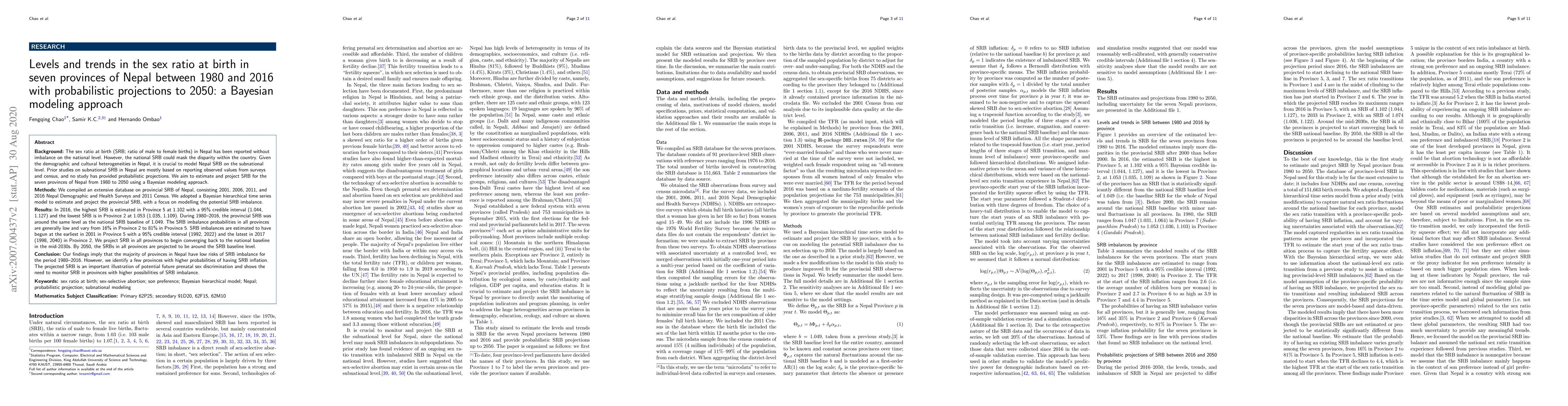 Thumbnail for Levels and trends in the sex ratio at birth in seven provinces of Nepal
  between 1980 and 2016 with probabilistic projections to 2050: a Bayesian
  modeling approach