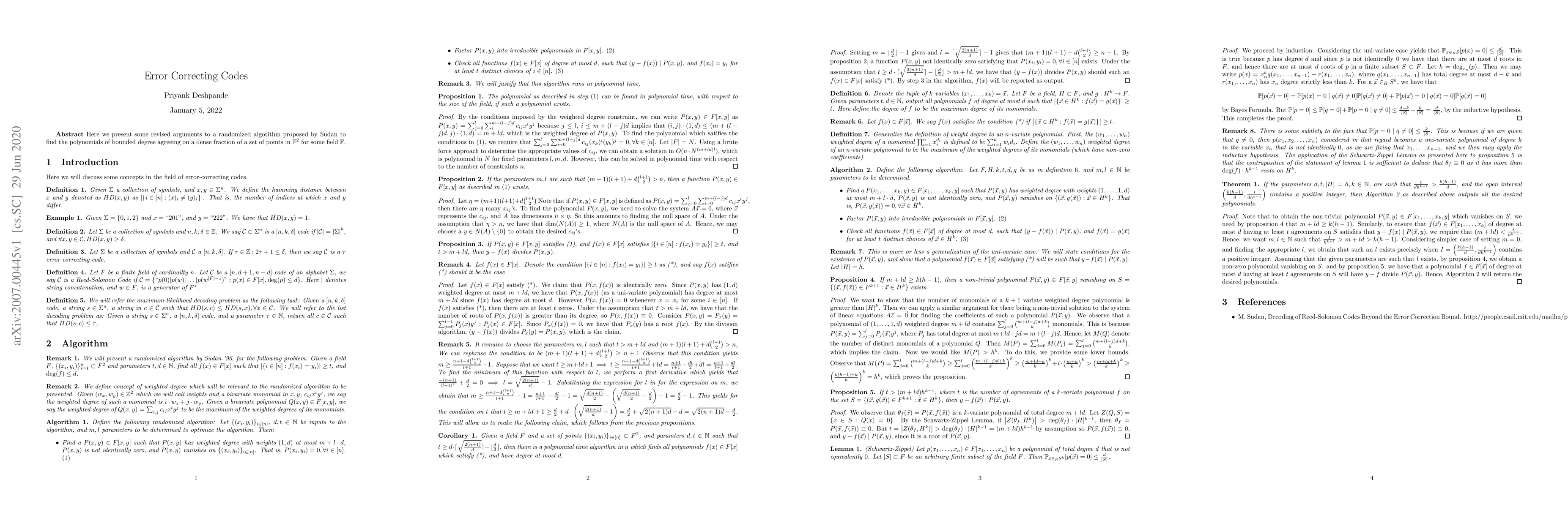 Thumbnail for Error Correcting Codes, finding polynomials of bounded degree agreeing
  on a dense fraction of a set of points