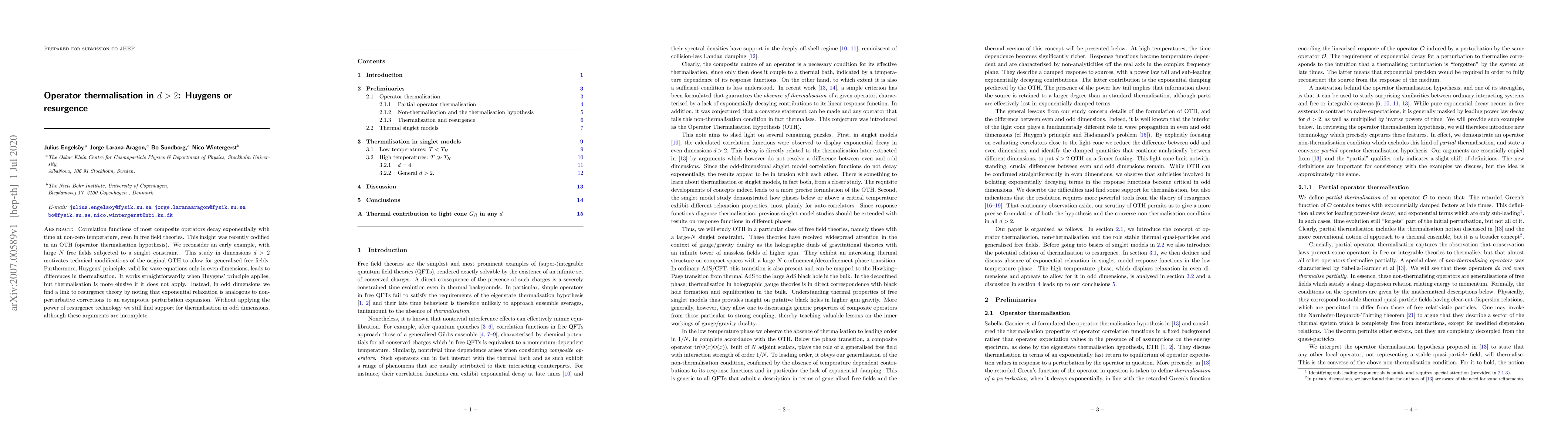 Thumbnail for Operator thermalisation in $d>2$: Huygens or resurgence