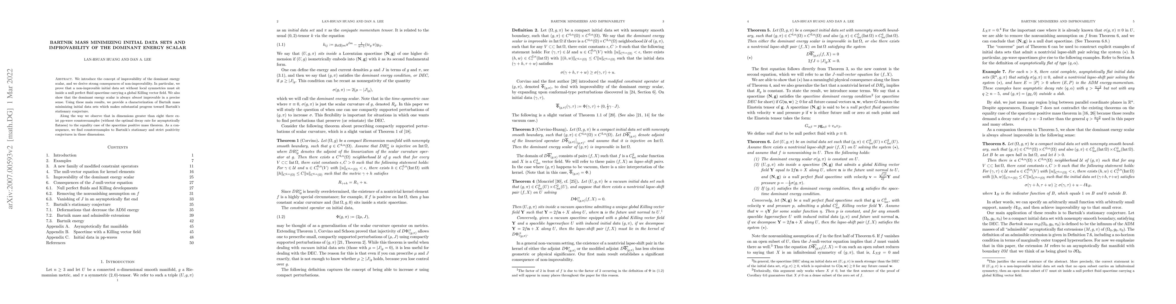 Thumbnail for Bartnik mass minimizing initial data sets and improvability of the
  dominant energy scalar