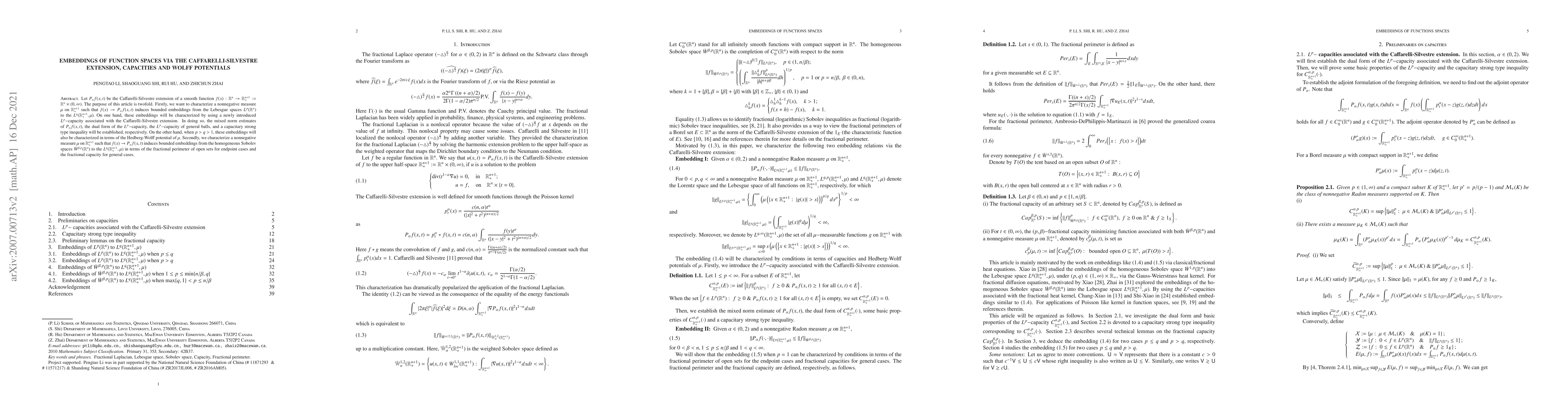Thumbnail for Embeddings of Function Spaces via the Caffarelli-Silvestre Extension,
  Capacities and Wolff potentials