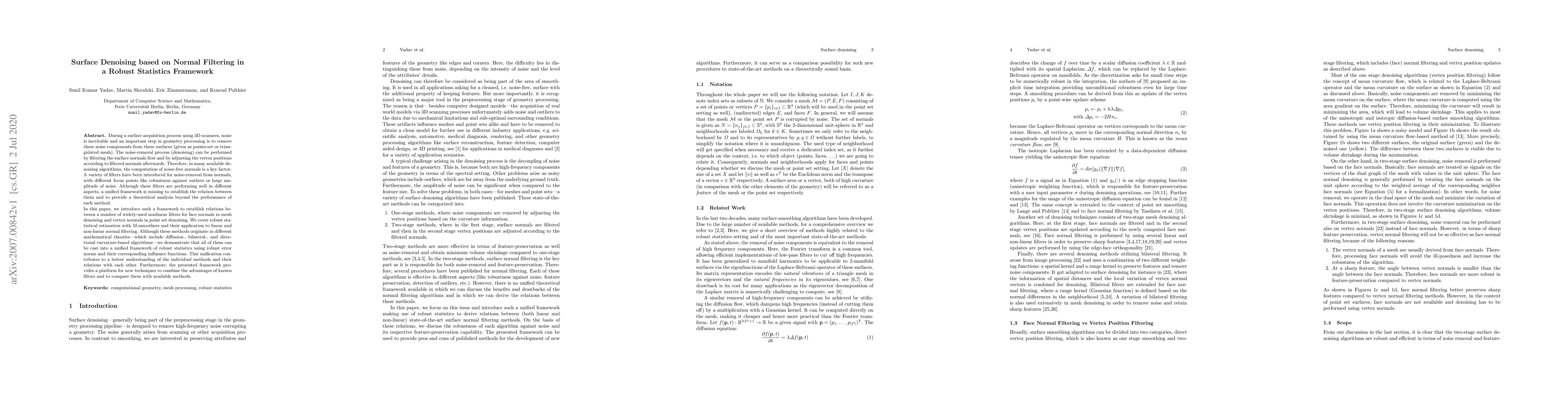 Thumbnail for Surface Denoising based on Normal Filtering in a Robust Statistics
  Framework