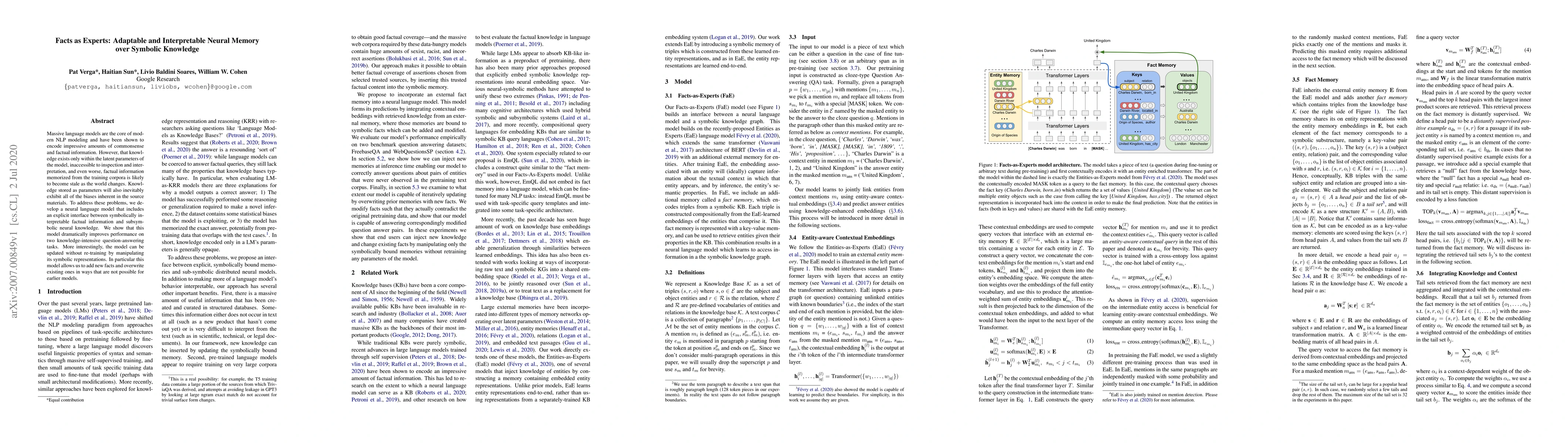 Thumbnail for Facts as Experts: Adaptable and Interpretable Neural Memory over
  Symbolic Knowledge