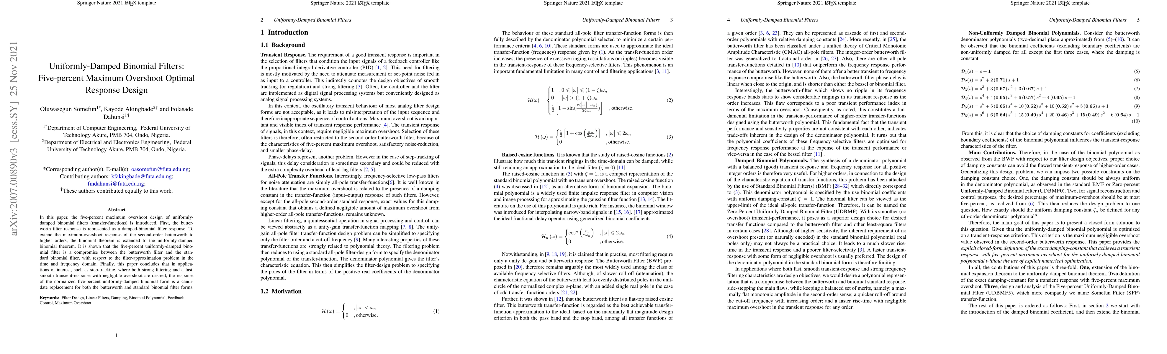 Thumbnail for Uniformly-Damped Binomial Filters: Five-percent Maximum Overshoot
  Optimal Response Design