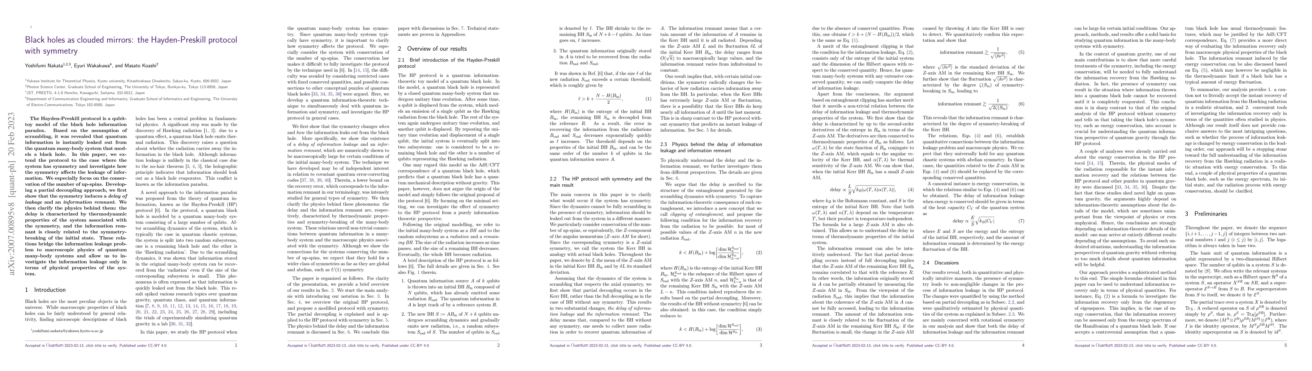 Thumbnail for Black holes as clouded mirrors: the Hayden-Preskill protocol with
  symmetry