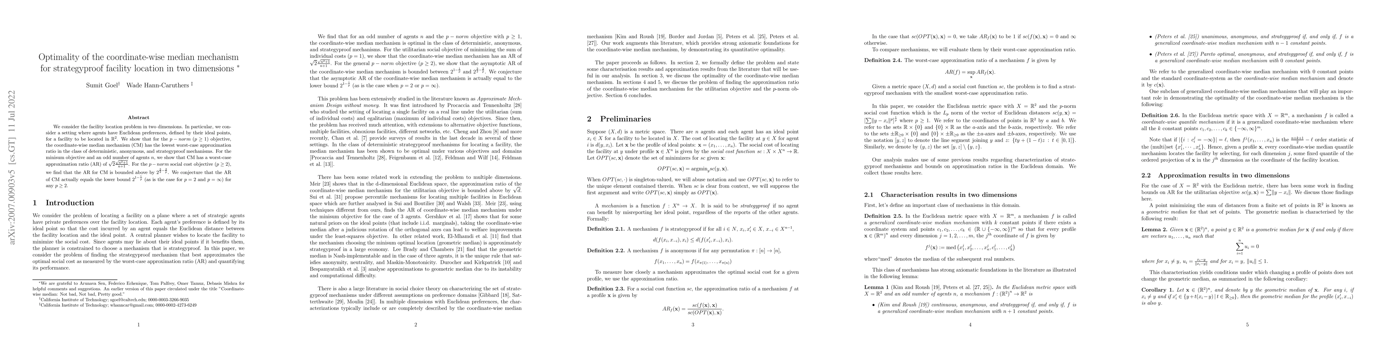 Thumbnail for Optimality of the coordinate-wise median mechanism for strategyproof
  facility location in two dimensions