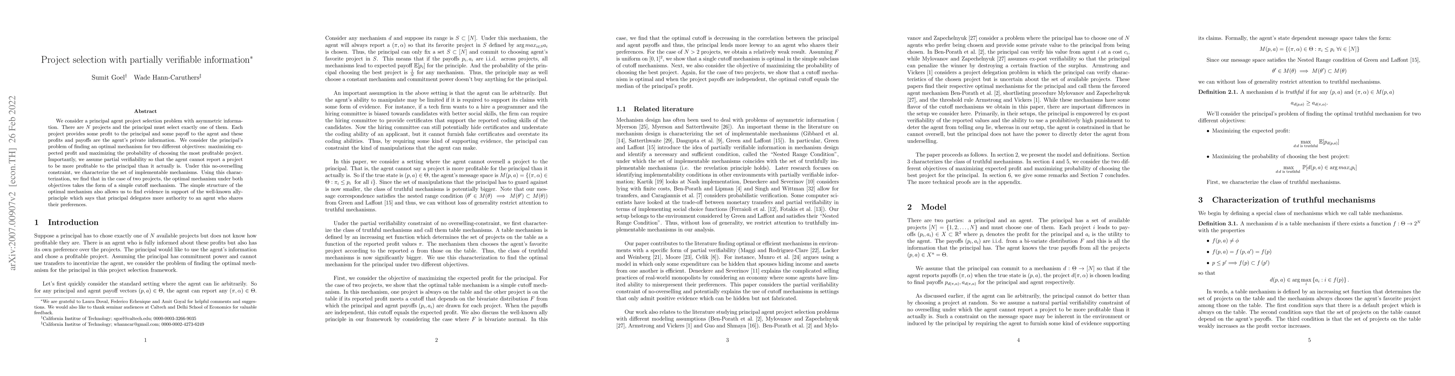 Thumbnail for Project selection with partially verifiable information