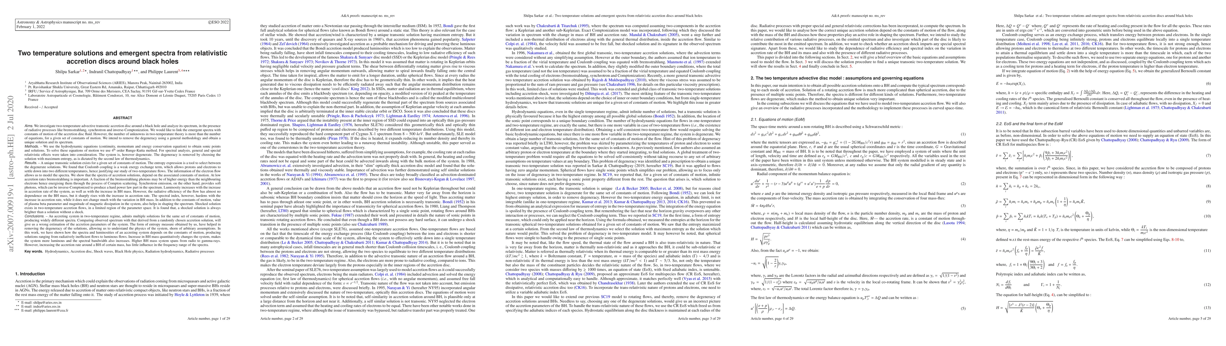 Thumbnail for Two temperature solutions and emergent spectra from relativistic
  accretion discs around black holes