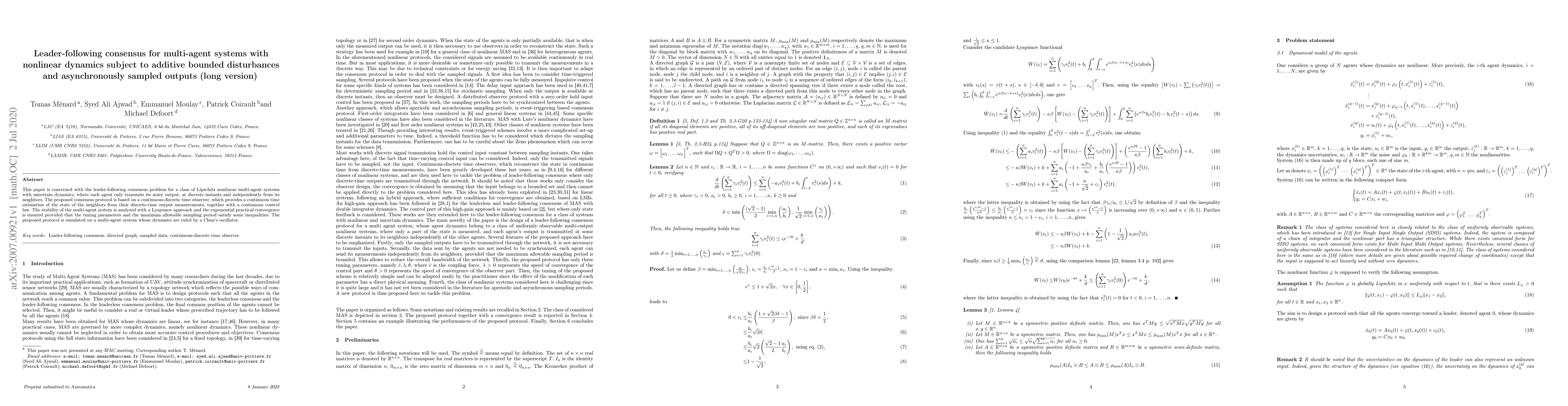 Thumbnail for Leader-following consensus for multi-agent systems with nonlinear
  dynamics subject to additive bounded disturbances and asynchronously sampled
  outputs (long version)