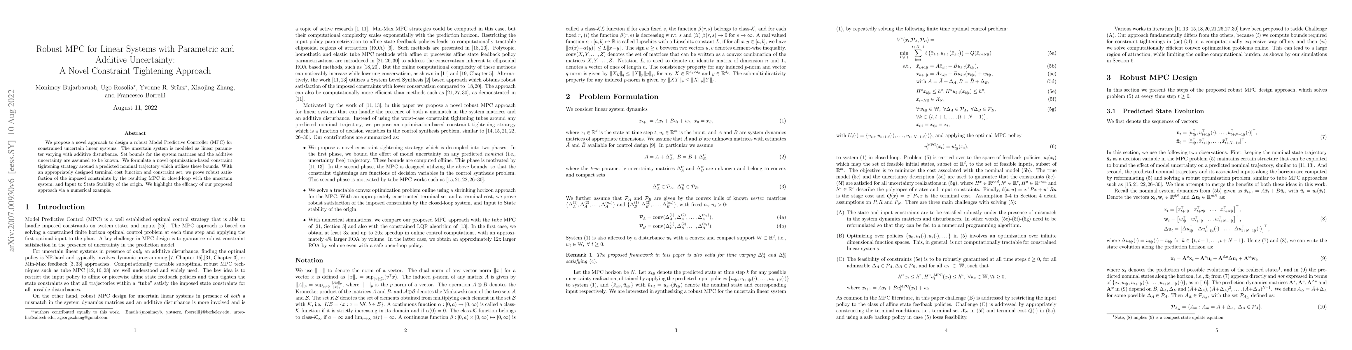 Thumbnail for Robust MPC for Linear Systems with Parametric and Additive Uncertainty:
  A Novel Constraint Tightening Approach