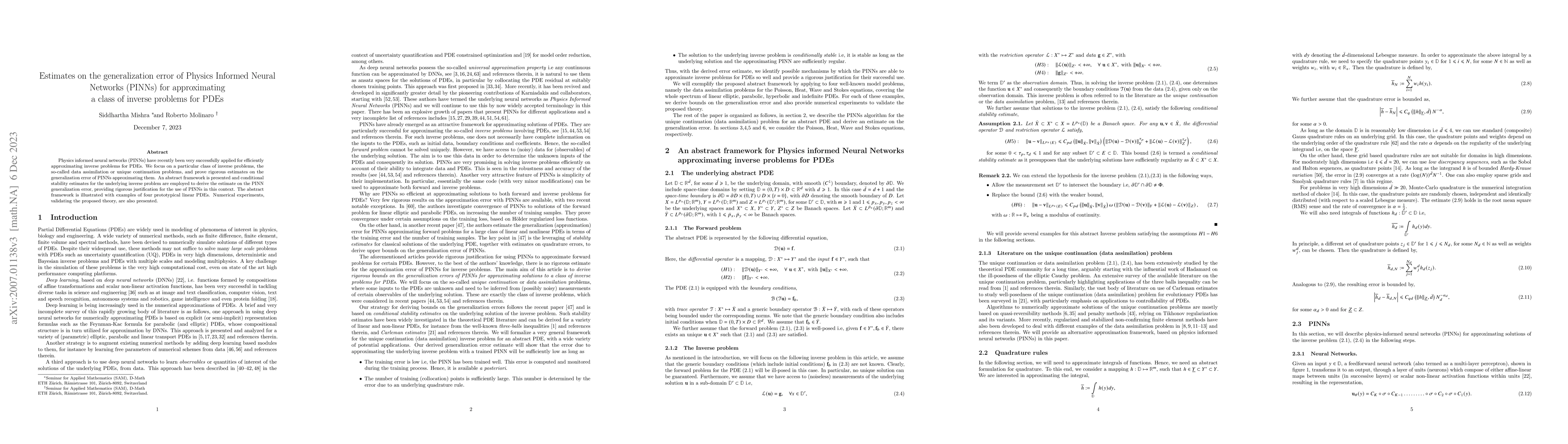 Thumbnail for Estimates on the generalization error of Physics Informed Neural
  Networks (PINNs) for approximating a class of inverse problems for PDEs