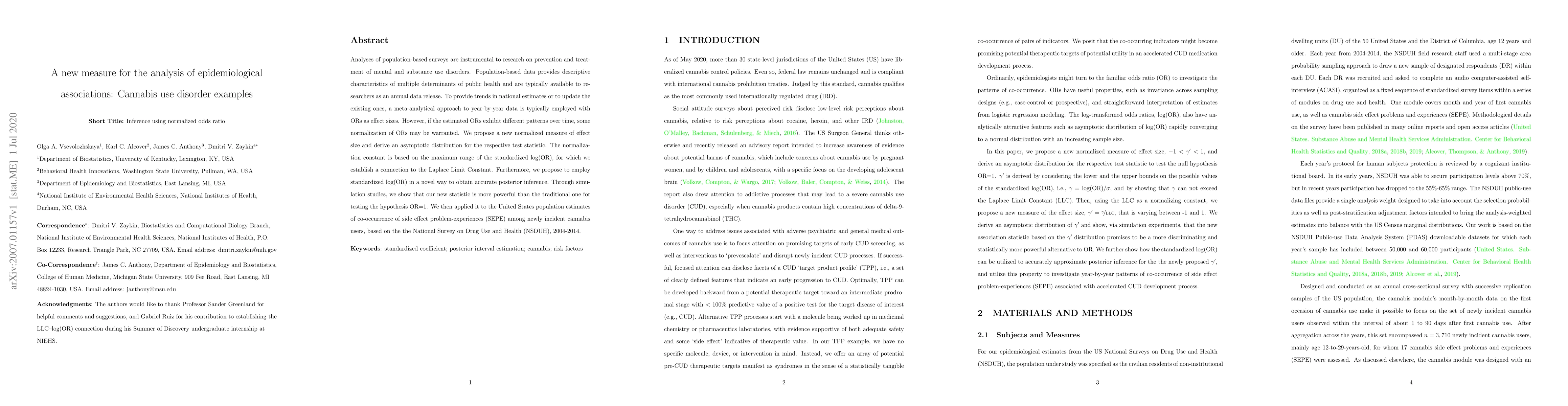 Thumbnail for A new measure for the analysis of epidemiological associations: Cannabis
  use disorder examples