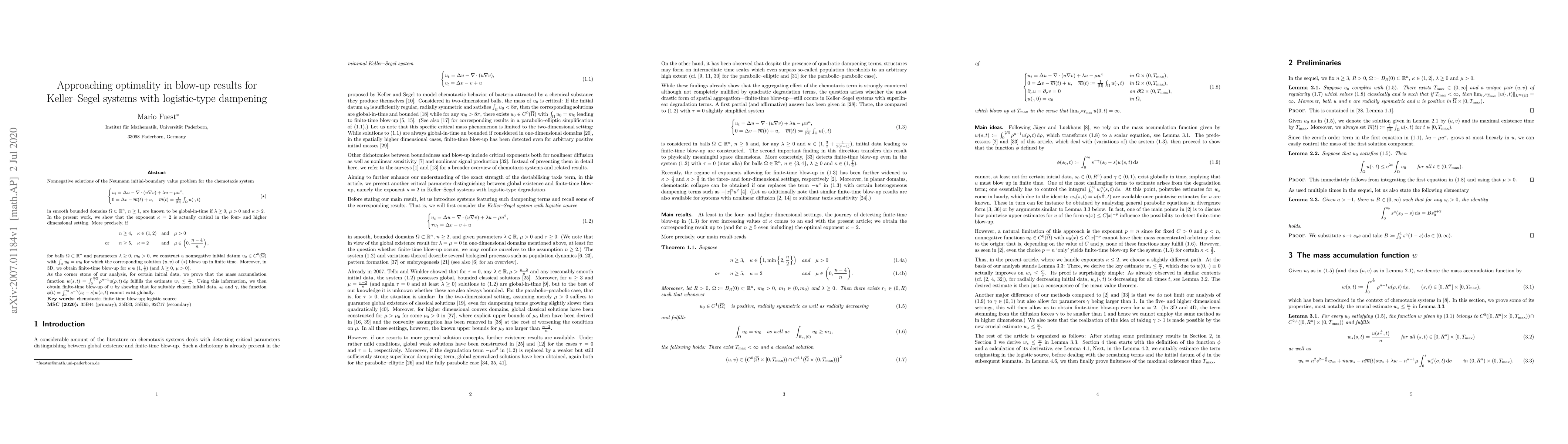 Thumbnail for Approaching optimality in blow-up results for Keller-Segel systems with
  logistic-type dampening