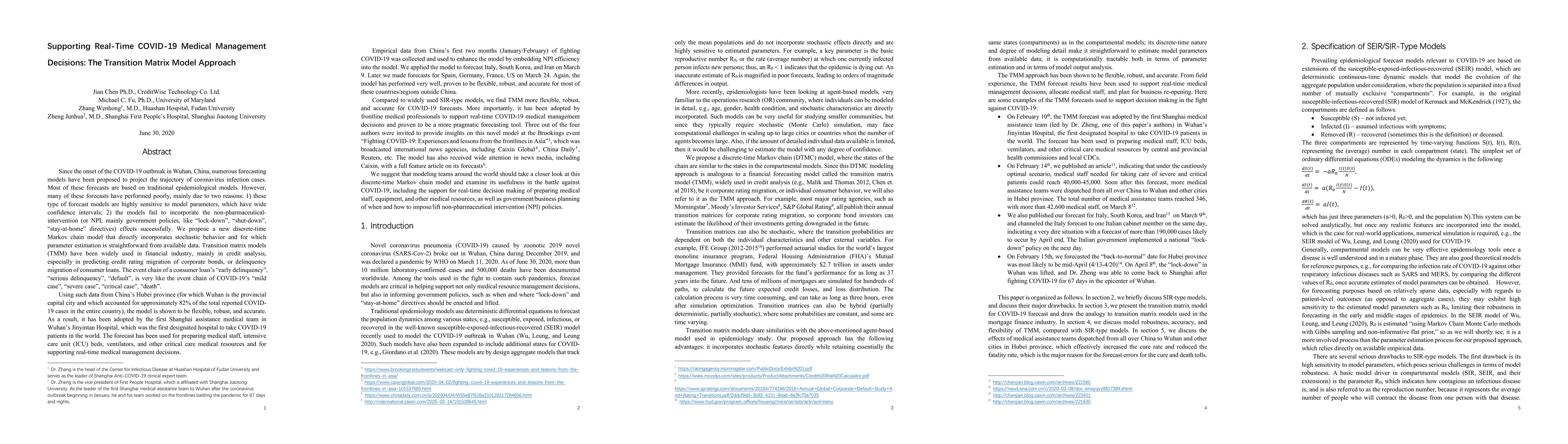 Thumbnail for Supporting Real-Time COVID-19 Medical Management Decisions: The
  Transition Matrix Model Approach