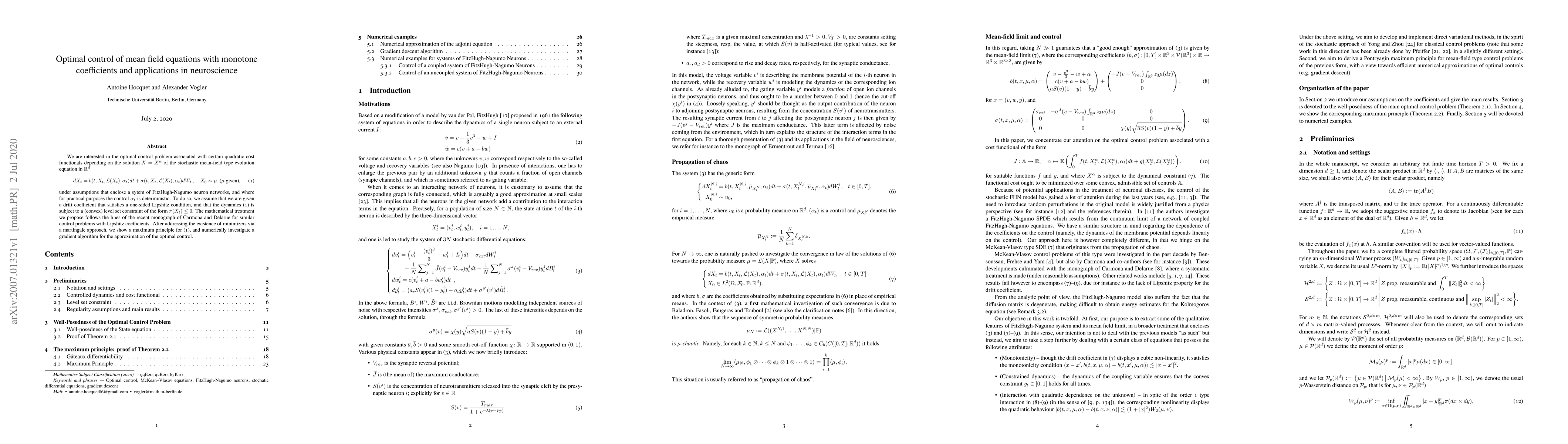 Thumbnail for Optimal control of mean field equations with monotone coefficients and
  applications in neuroscience