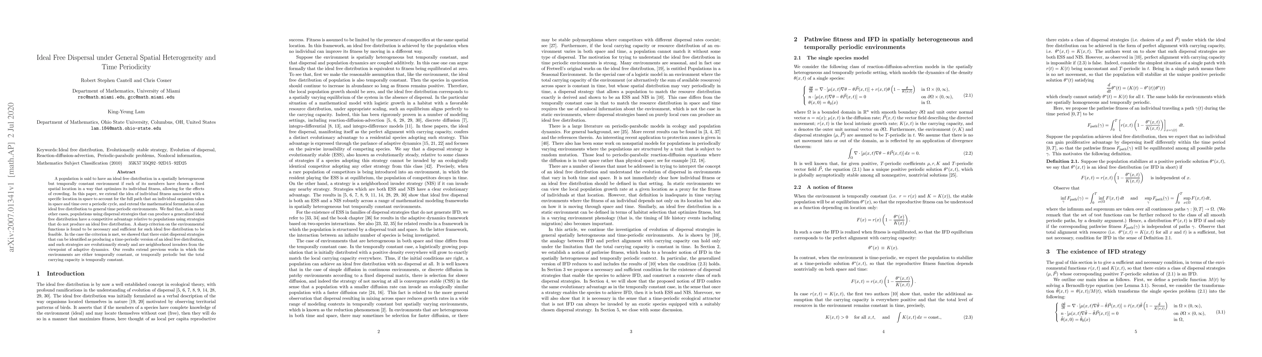 Thumbnail for Ideal Free Dispersal under General Spatial heterogeneity and Time
  Periodicity