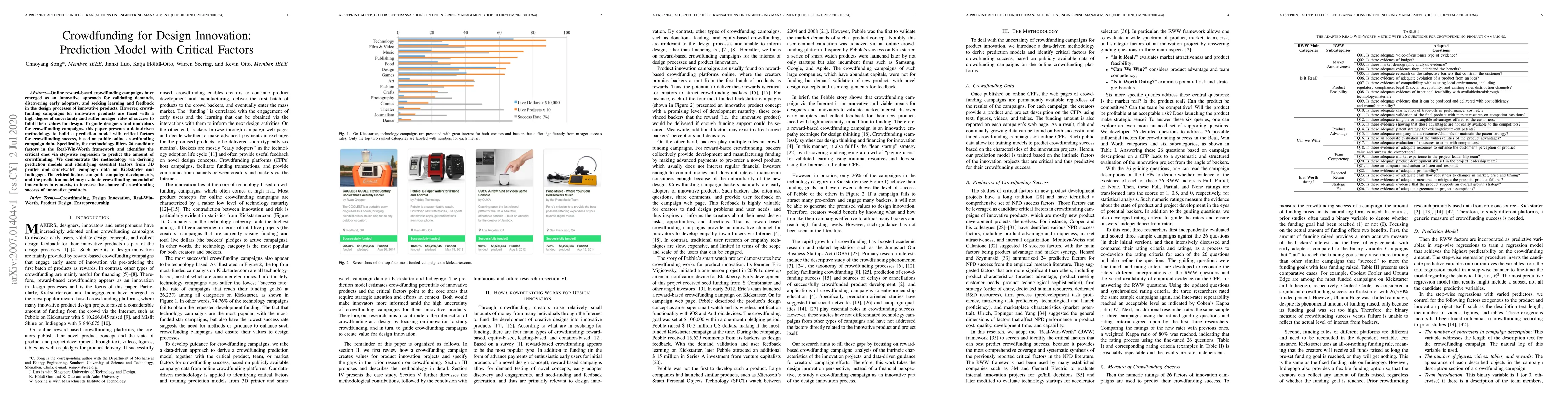 Thumbnail for Crowdfunding for Design Innovation: Prediction Model with Critical
  Factors
