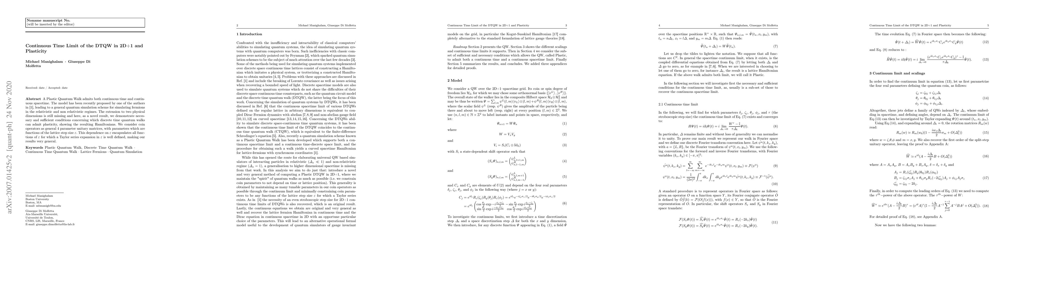 Thumbnail for Continuous Time Limit of the DTQW in 2D+1 and Plasticity