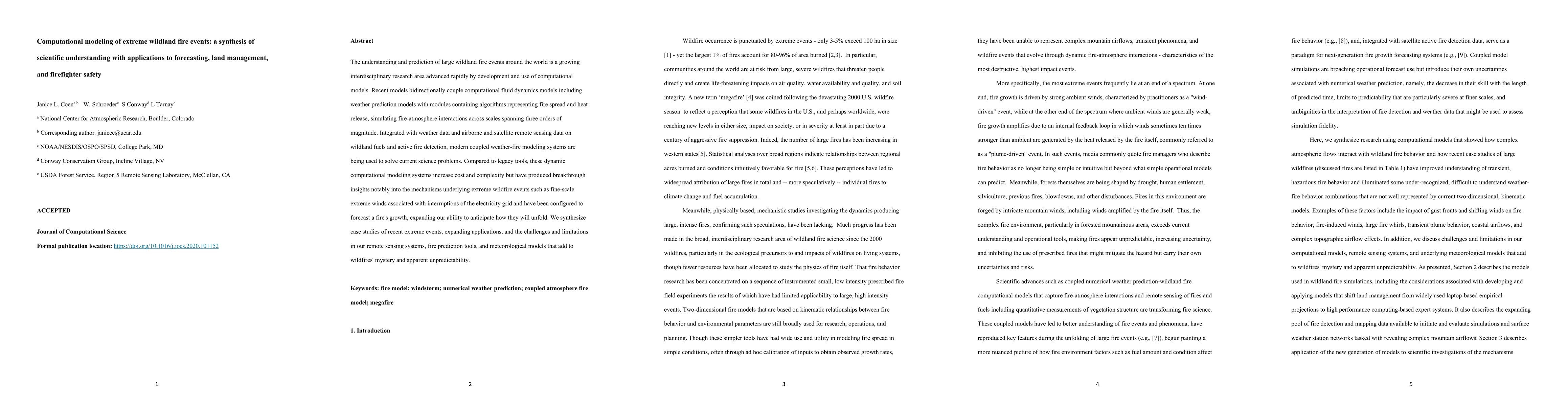 Thumbnail for Computational modeling of extreme wildland fire events: a synthesis of
  scientific understanding with applications to forecasting, land management,
  and firefighter safety