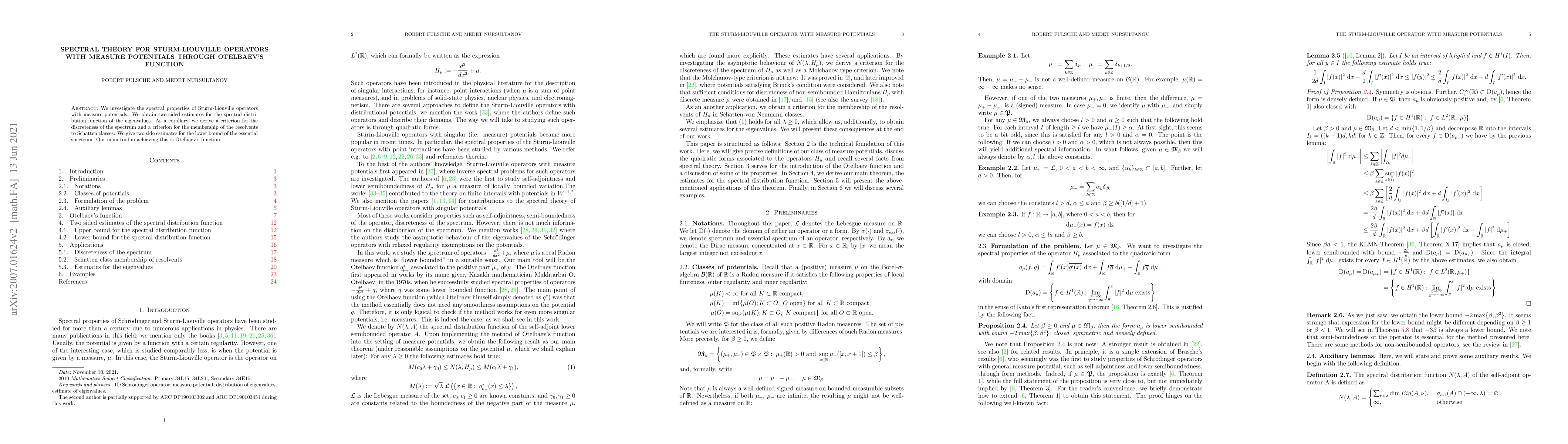 Thumbnail for Spectral Theory for Sturm-Liouville operators with measure potentials
  through Otelbaev's function