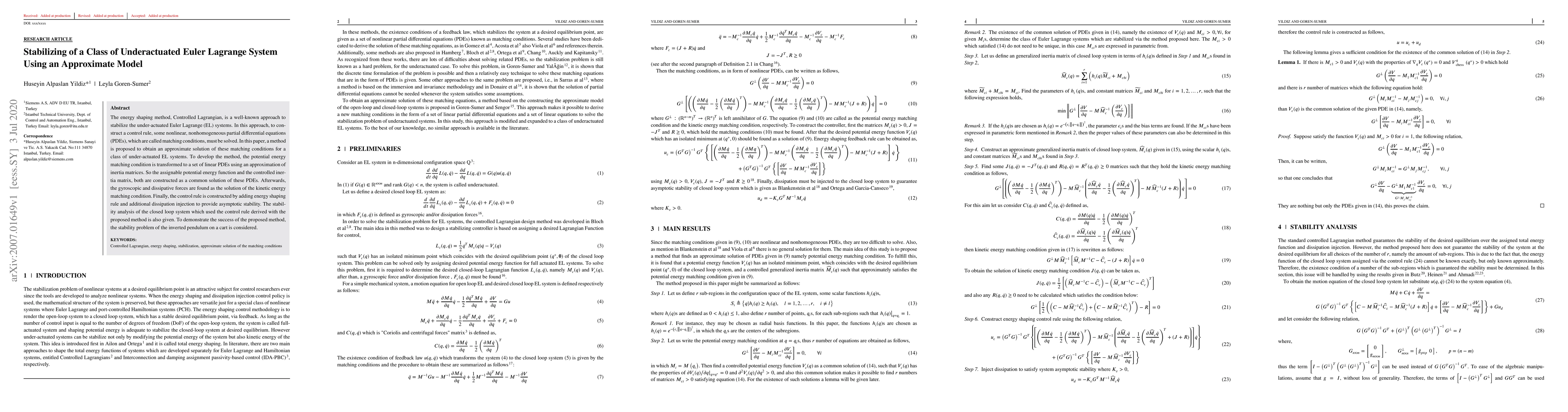 Thumbnail for Stabilizing of a Class of Underactuated Euler Lagrange System Using an
  Approximate Model