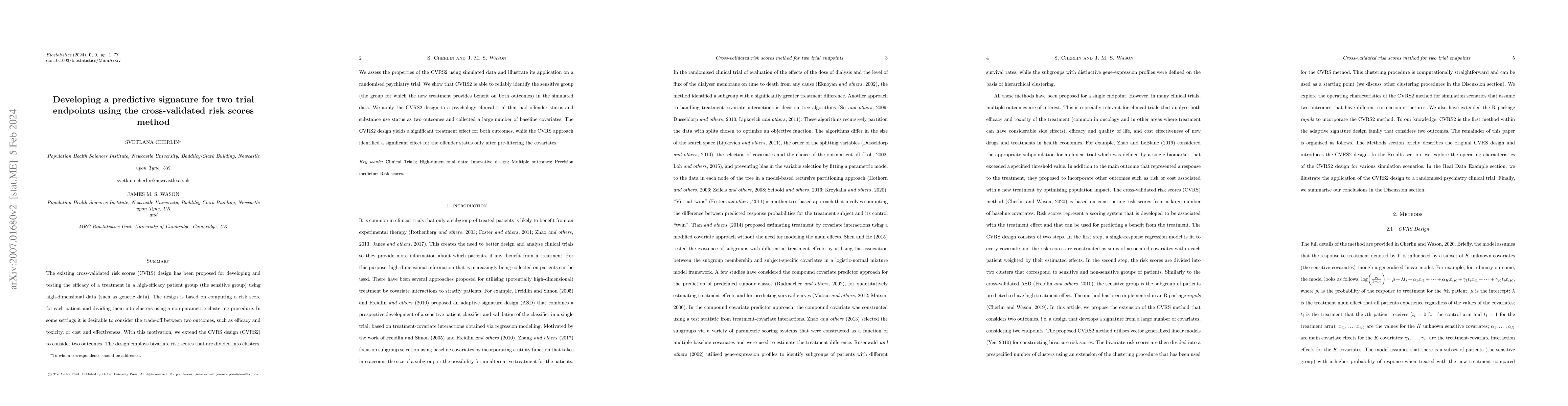 Thumbnail for Developing a predictive signature for two trial endpoints using the
  cross-validated risk scores method
