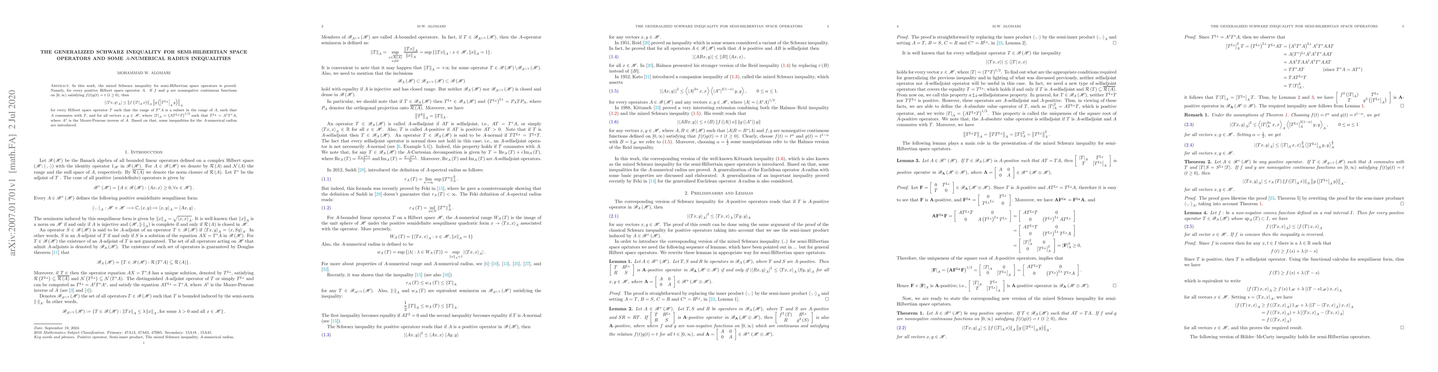 Thumbnail for The generalized Schwarz inequality for semi-Hilbertian space operators
  and Some $A$-numerical radius inequalities