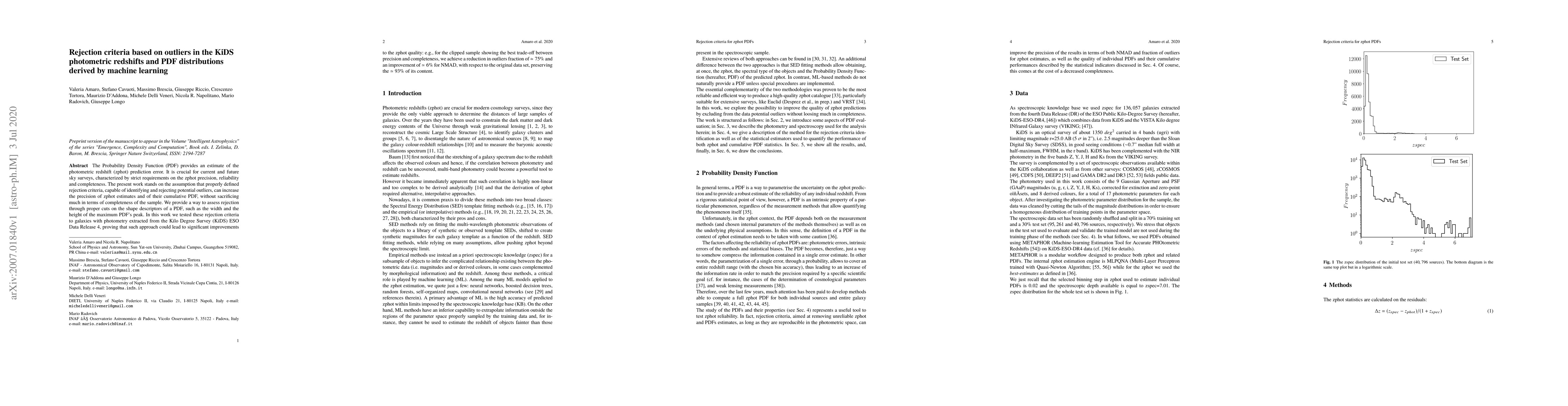 Thumbnail for Rejection criteria based on outliers in the KiDS photometric redshifts
  and PDF distributions derived by machine learning