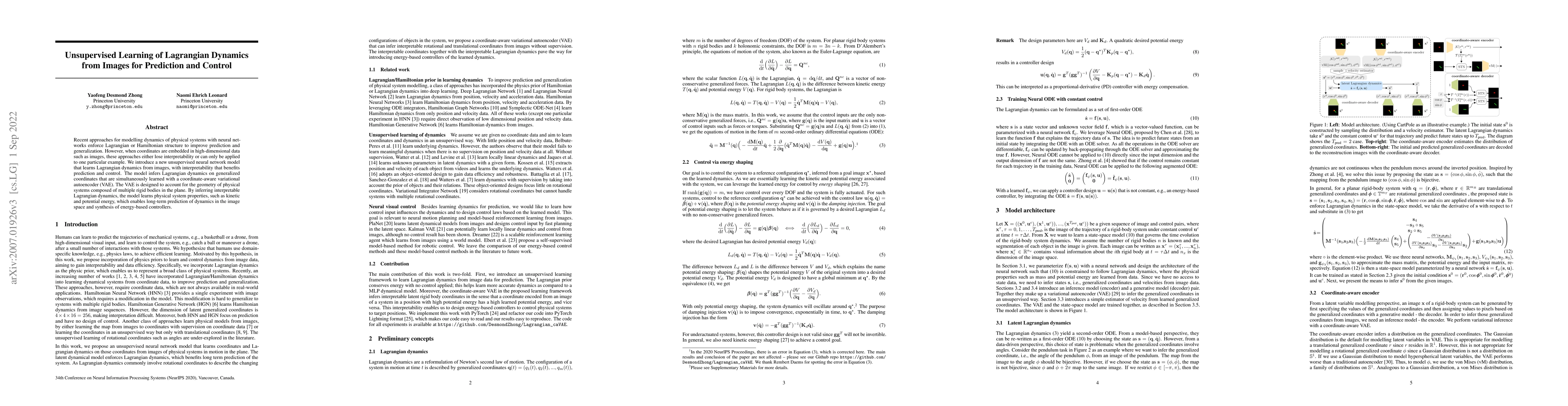 Thumbnail for Unsupervised Learning of Lagrangian Dynamics from Images for Prediction
  and Control