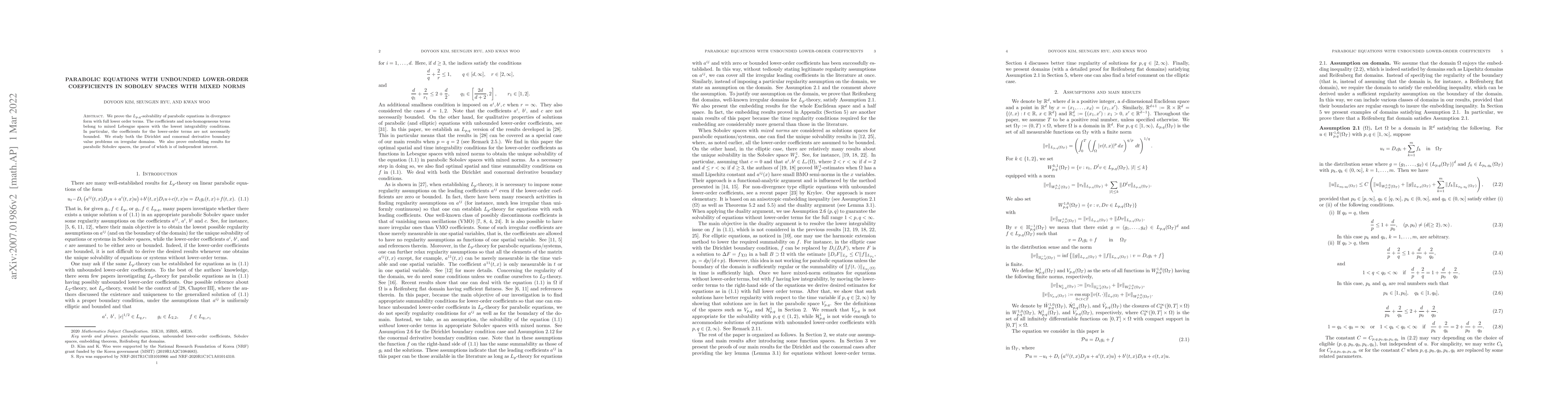 Thumbnail for Parabolic equations with unbounded lower-order coefficients in Sobolev
  spaces with mixed norms