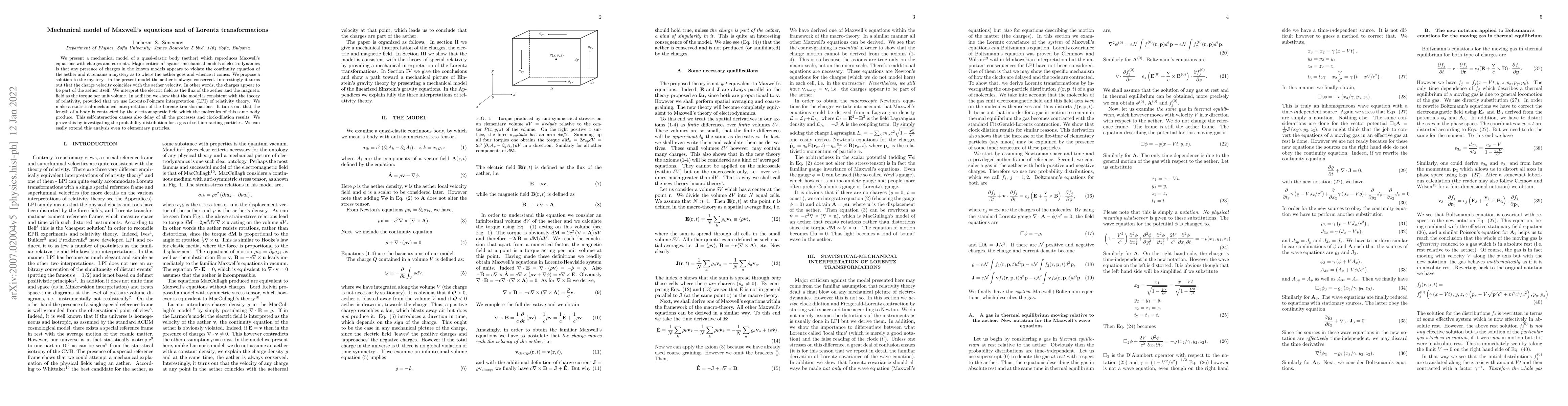 Thumbnail for Mechanical model of the inhomogeneous Maxwell's equations and of Lorentz
  transformations