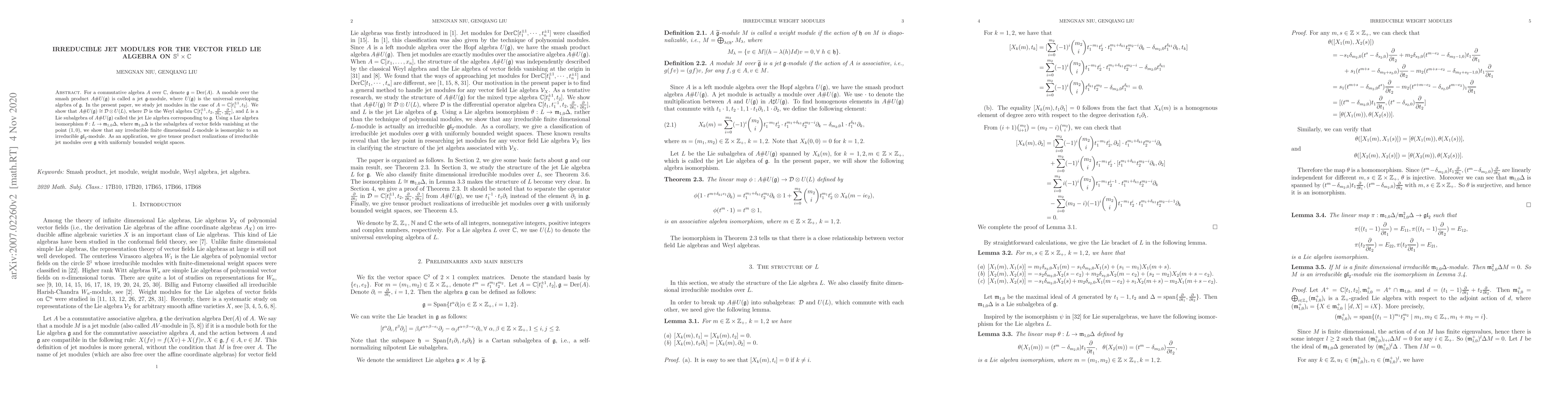 Thumbnail for Irreducible Jet modules for the vector field Lie algebra on
  $\mathbb{S}^1\times \mathbb{C}$