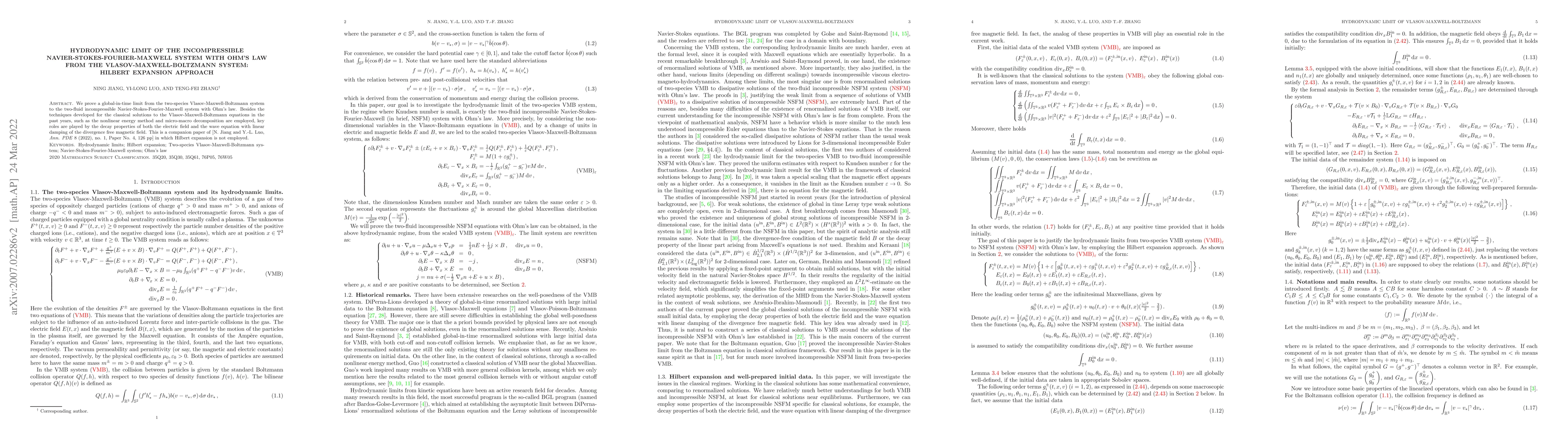 Thumbnail for Hydrodynamic limit of the incompressible Navier-Stokes-Fourier-Maxwell
  System with Ohm's Law from the Vlasov-Maxwell-Boltzmann system: Hilbert
  expansion approach