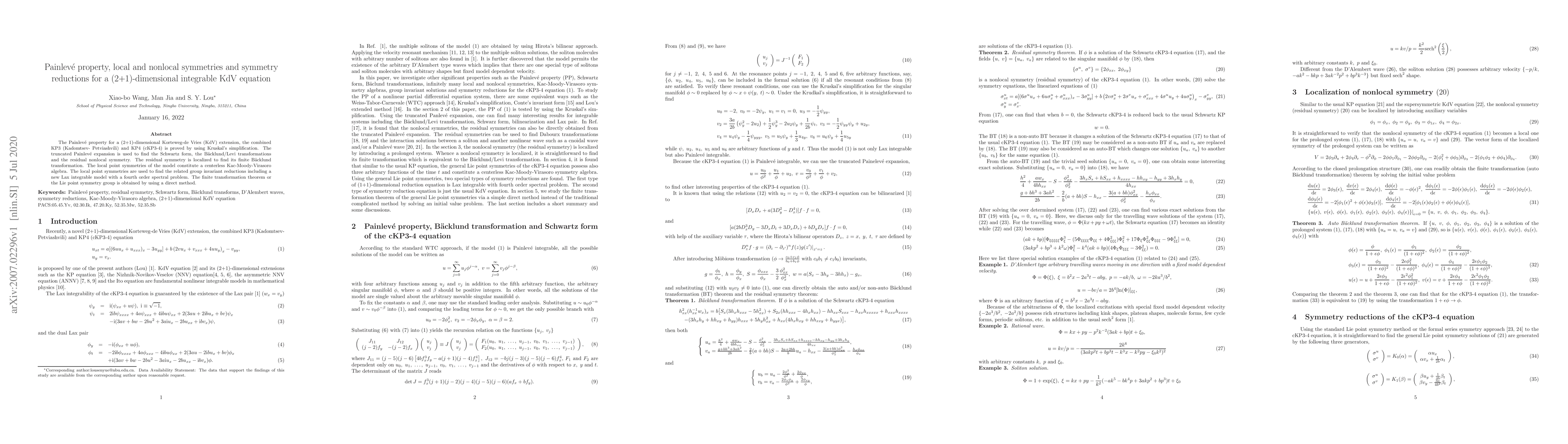 Thumbnail for Painlev\'e property, local and nonlocal symmetries and symmetry
  reductions for a (2+1)-dimensional integrable KdV equation