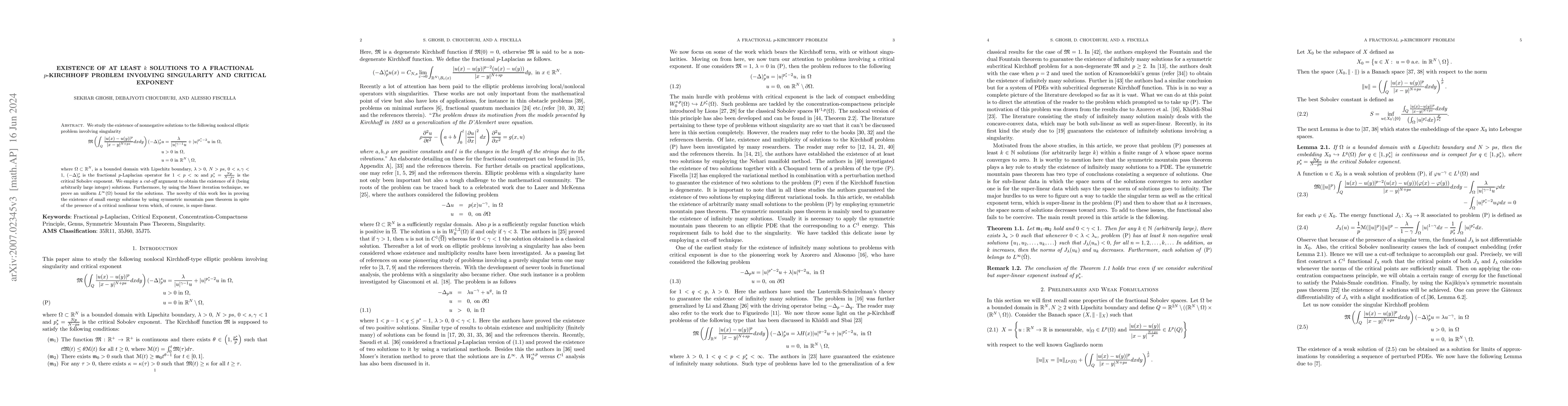 Thumbnail for Existence of at least $k$ solutions to a fractional $p$-Kirchhoff
  problem involving singularity and critical exponent