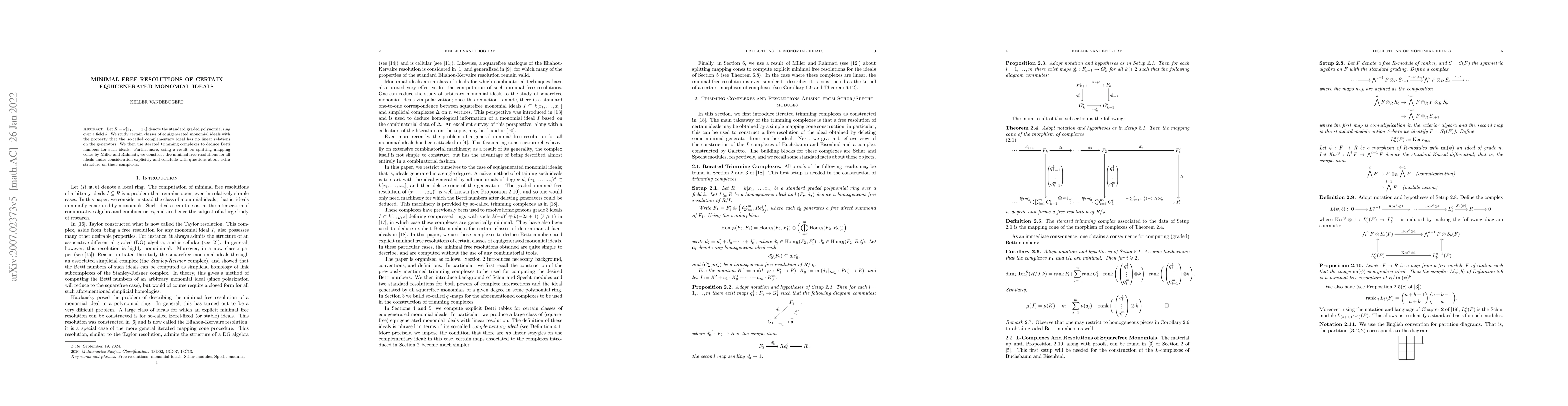 Thumbnail for Minimal Free Resolutions of Certain Equigenerated Monomial Ideals