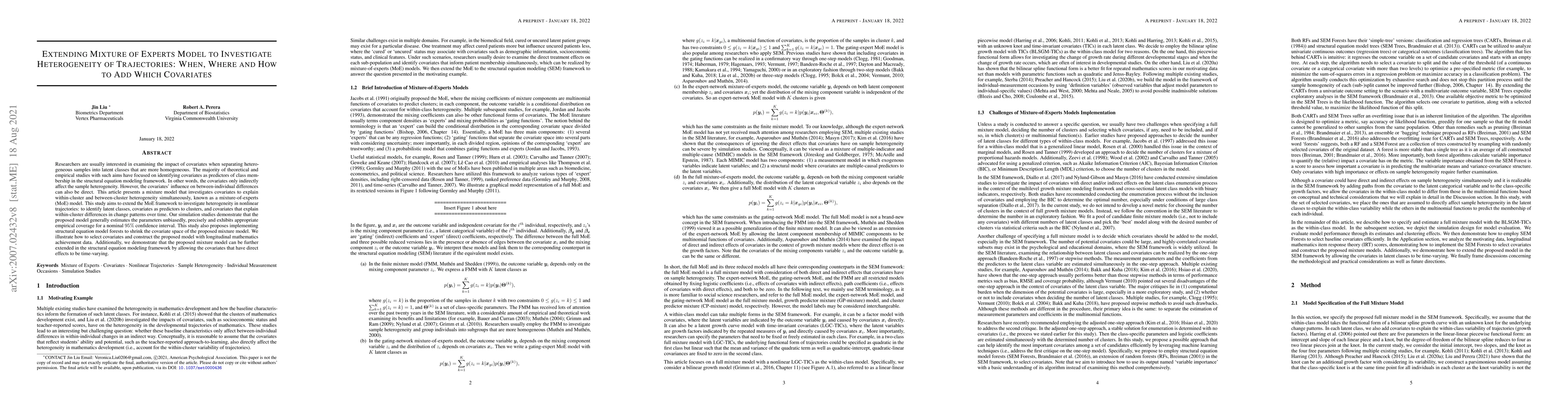 Thumbnail for Extending Mixture of Experts Model to Investigate Heterogeneity of
  Trajectories: When, Where and How to Add Which Covariates