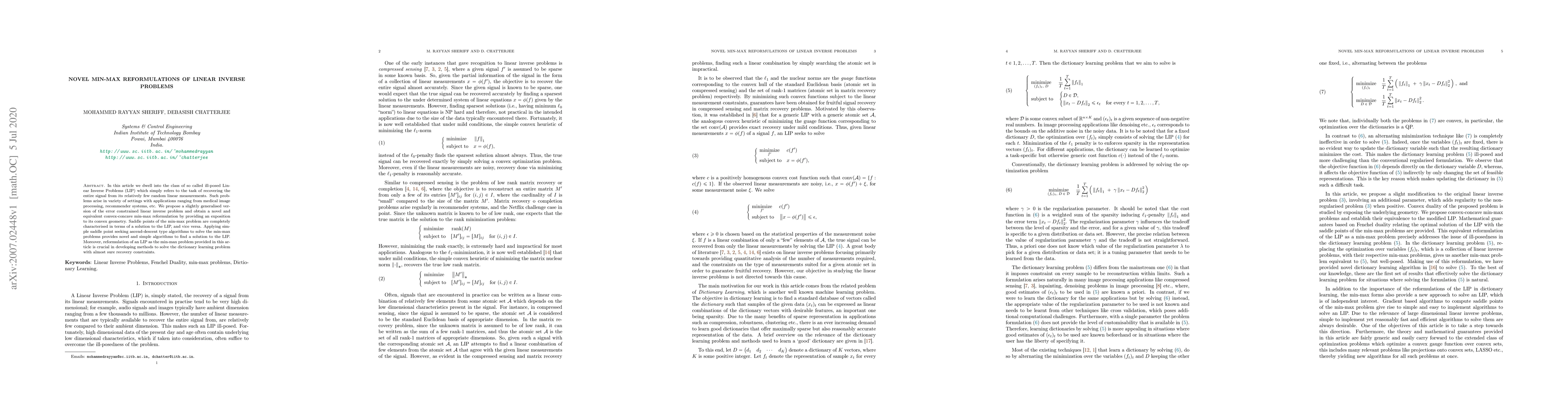 Thumbnail for Novel min-max reformulations of Linear Inverse Problems