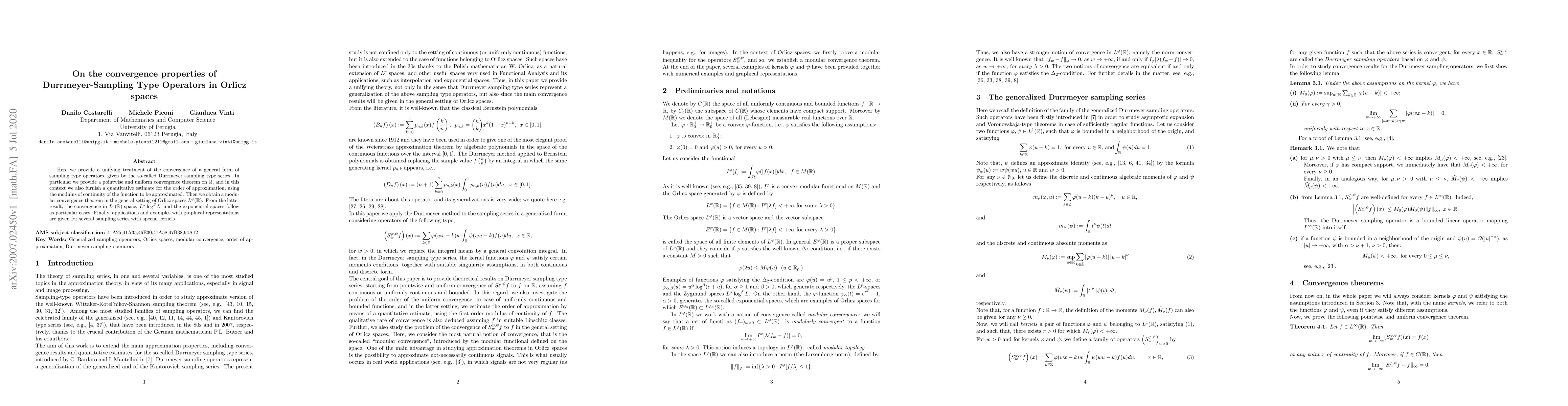 Thumbnail for On the convergence properties of Durrmeyer-Sampling Type Operators in
  Orlicz spaces