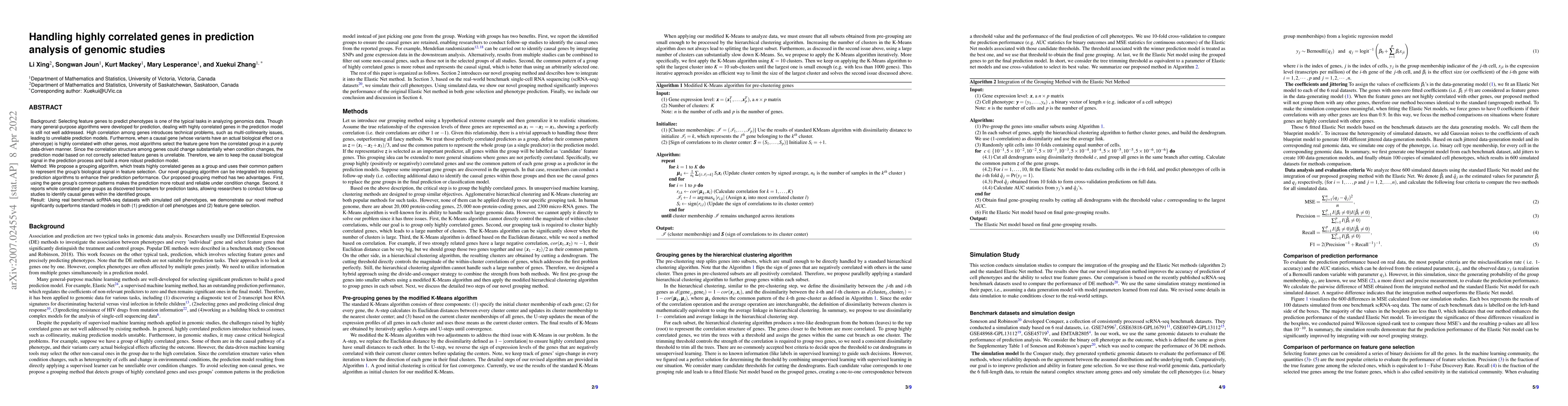 Thumbnail for Handling highly correlated genes in prediction analysis of genomic
  studies