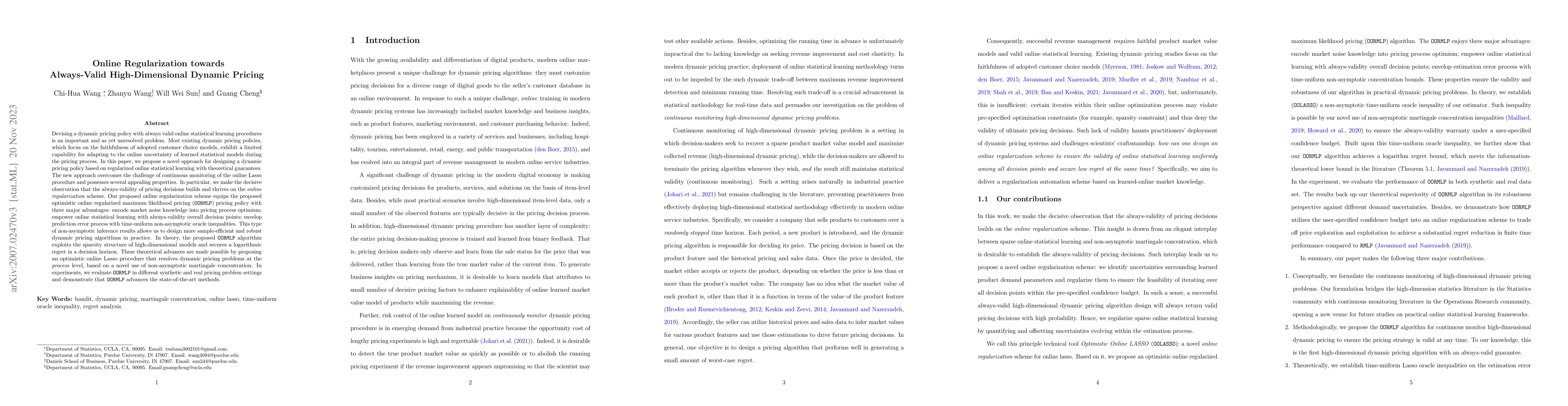 Thumbnail for Online Regularization towards Always-Valid High-Dimensional Dynamic
  Pricing